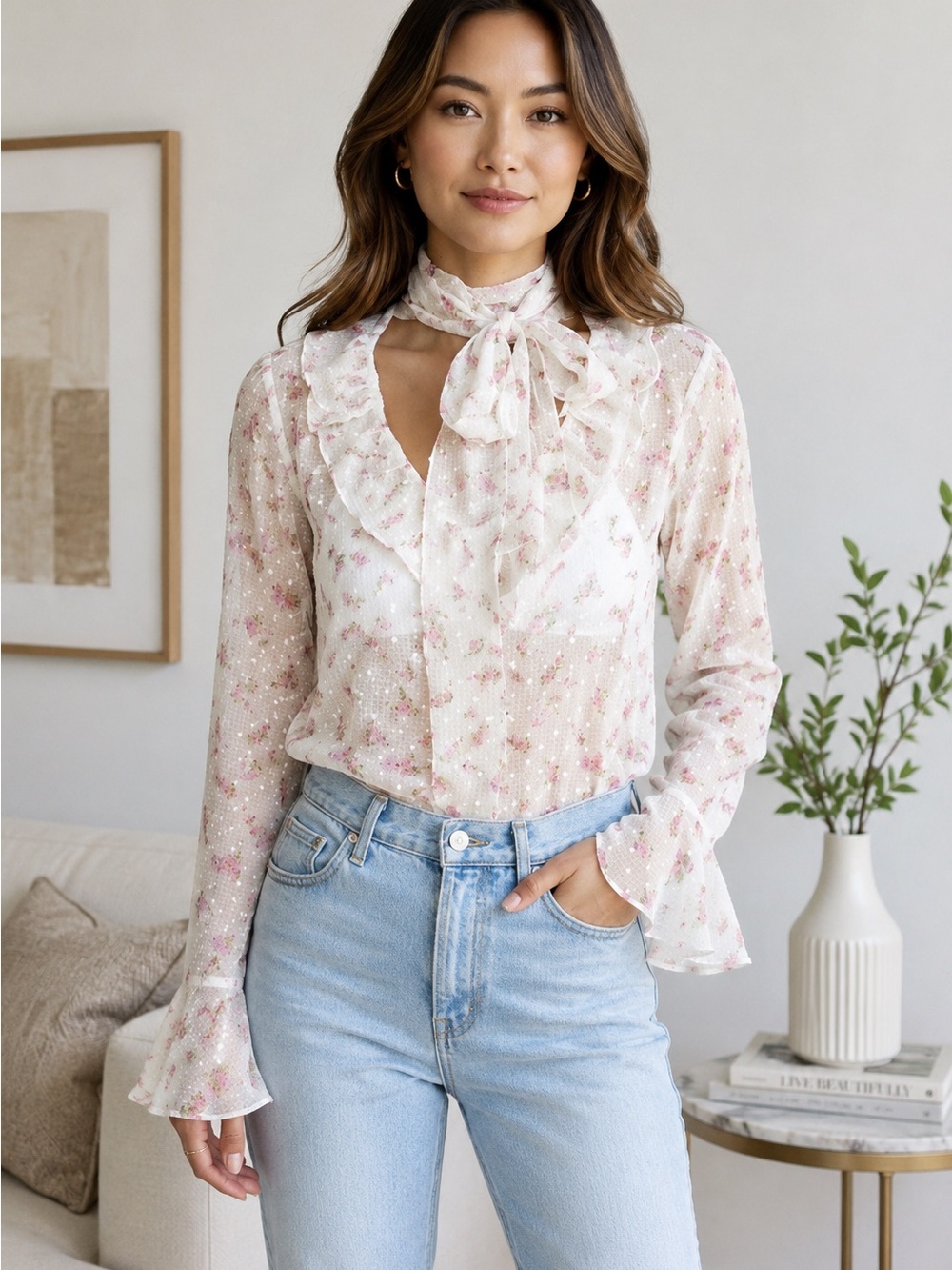 Endless Rose Cream Blouse with Pink Floral Tie-Neck